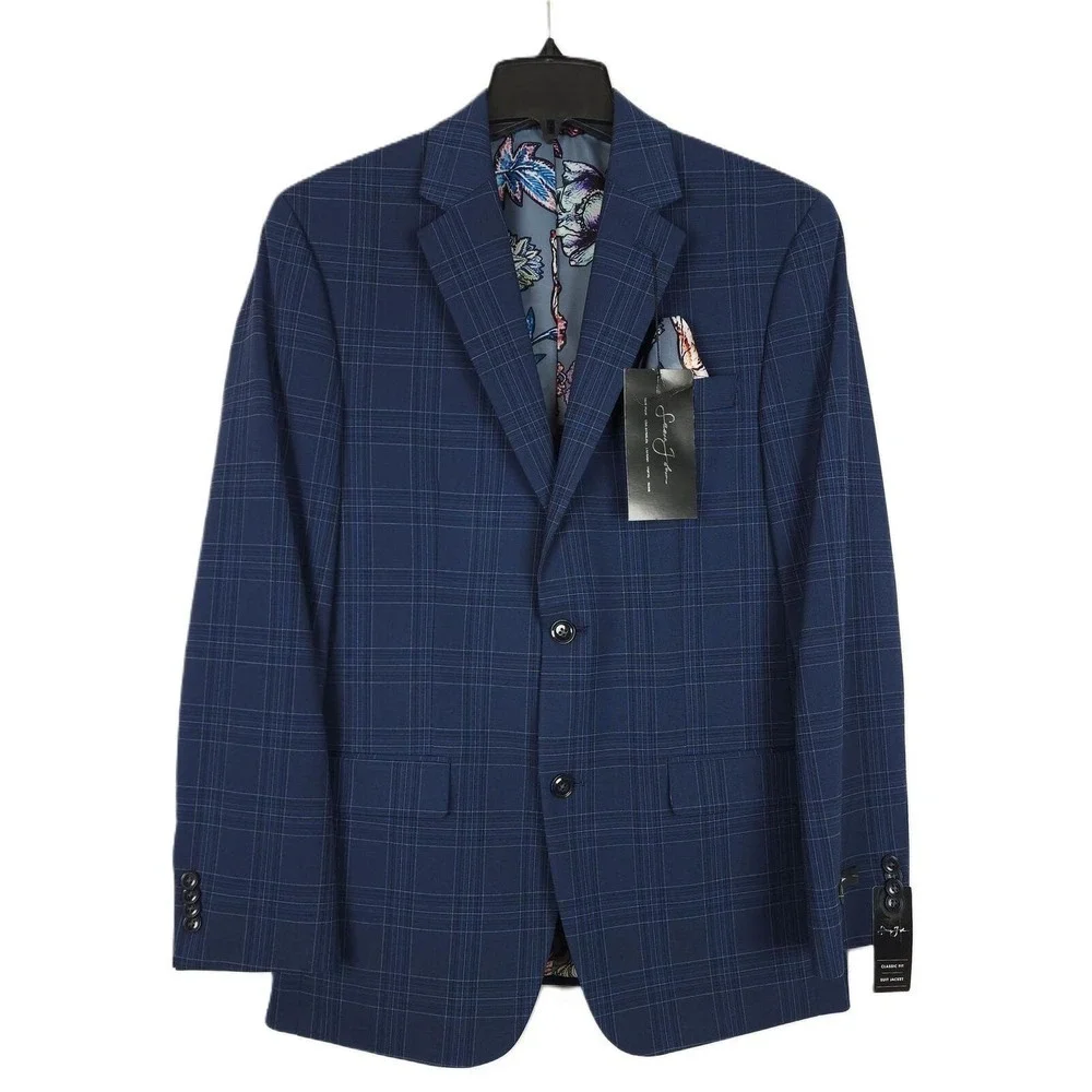 Sean John Mens Classic Fit Suit Jacket Blazer 38R Dark Blue Plaid Stretch NWT